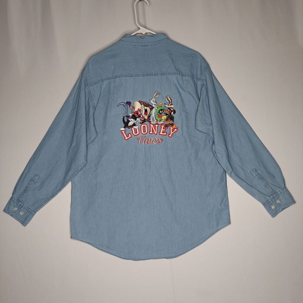 Warner Bros Looney Tunes Vtg Denim Button Shirt Medium Mens Blue Embroidered 90s